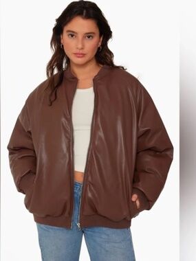 SET Active Brown Leather-Look Jacket with Black Collar Detail